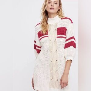 FREE PEOPLE Mini Sweater Dress Center Twist Cable Knit Chunky in Ivory Pink Xs